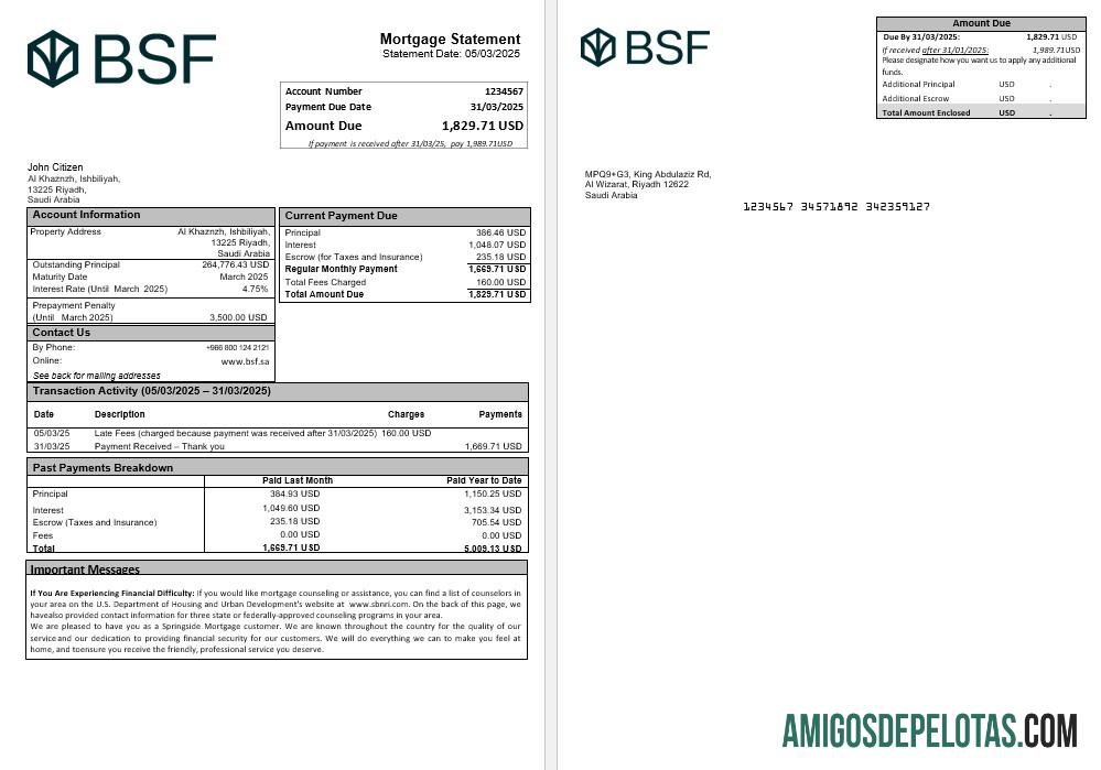 Declaração de hipoteca do Banque Saudi Fransi da Arábia Saudita em formatos Word e PDF amostra